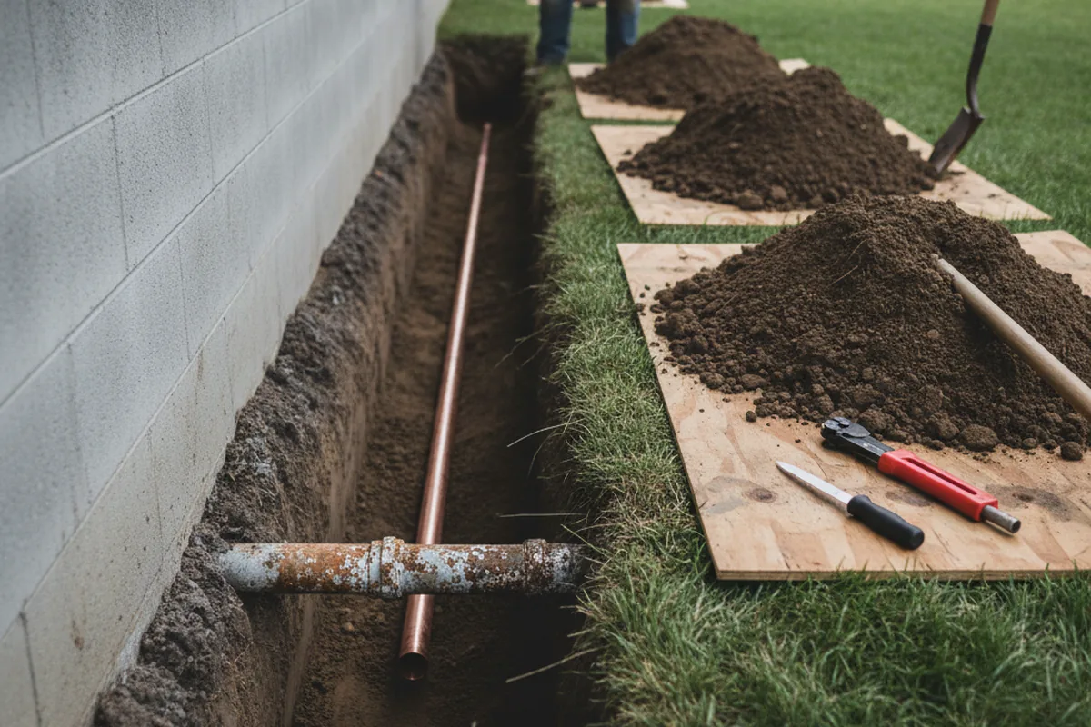 Excavated water line trench during Water Softener Installation in Mattawa